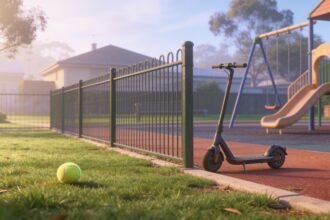 A suburban park showing a low fence dividing a grassed dog run from a playground area in morning light.