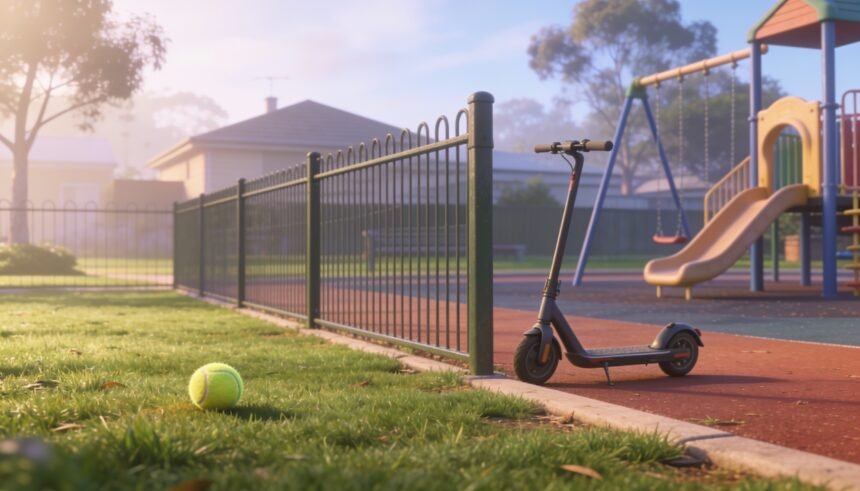 A suburban park showing a low fence dividing a grassed dog run from a playground area in morning light.
