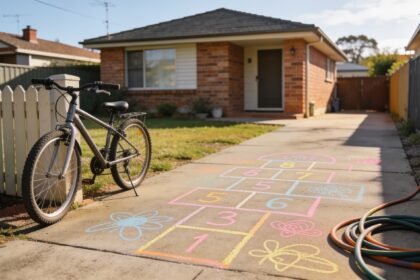 Chalk drawings on a suburban driveway with a bicycle and a garden hose nearby on a weekend morning.