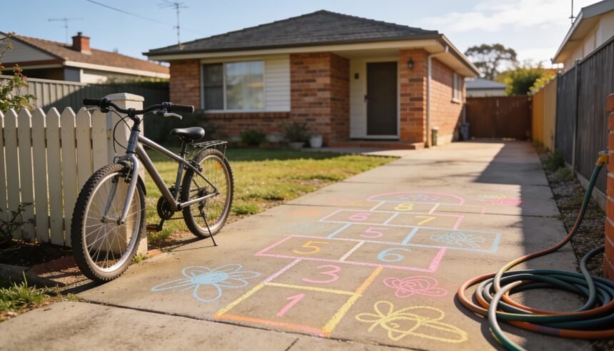 Chalk drawings on a suburban driveway with a bicycle and a garden hose nearby on a weekend morning.
