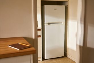 A refrigerator with space around it beside a kitchen bench holding a notebook and pencil.