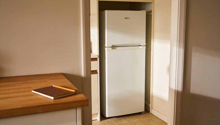 A refrigerator with space around it beside a kitchen bench holding a notebook and pencil.