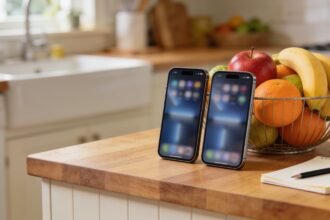 Two phones resting on a kitchen bench near a notepad and pen.