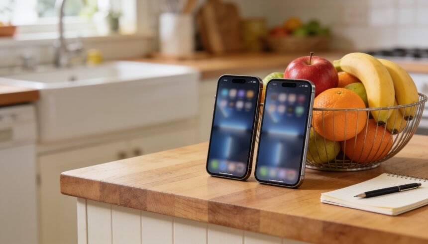 Two phones resting on a kitchen bench near a notepad and pen.