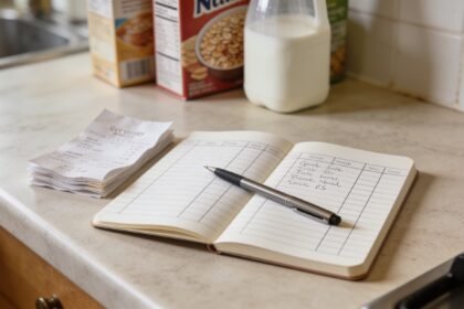 An open notebook with a handwritten price grid beside a pen and a short stack of receipts on a kitchen bench.