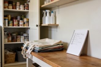 An open pantry cupboard and cleaning shelf beside a notepad and folded shopping bags on a kitchen bench.
