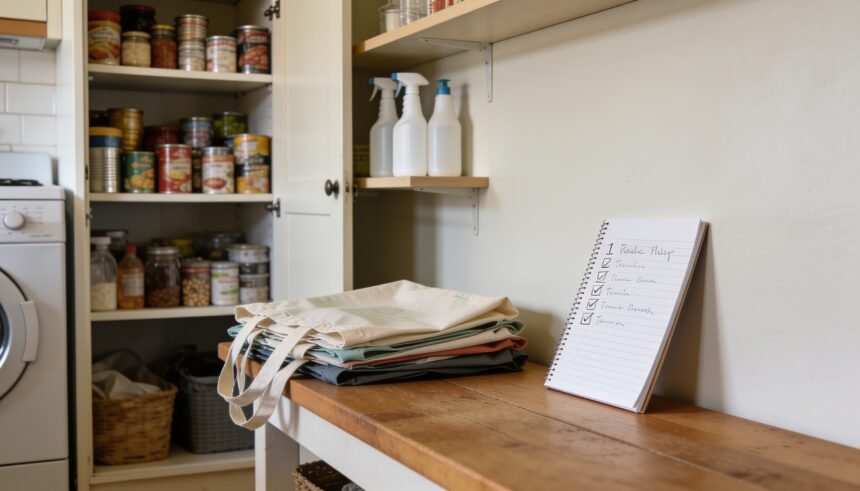 An open pantry cupboard and cleaning shelf beside a notepad and folded shopping bags on a kitchen bench.