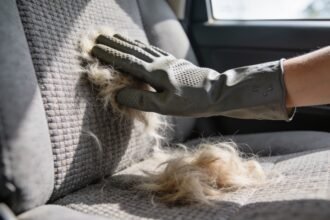 A rubber gardening glove dragging a clump of loosened dog hair across a car's fabric back seat.
