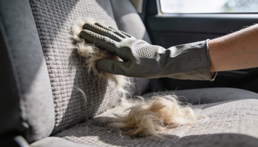 A rubber gardening glove dragging a clump of loosened dog hair across a car's fabric back seat.