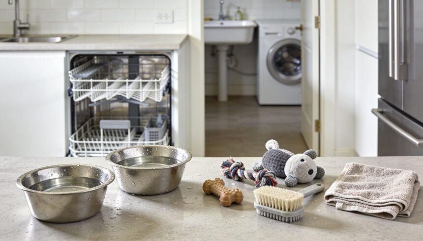 A stainless steel pet bowl, a water bowl and a rubber, rope and plush toy laid out on a kitchen bench ready for washing.