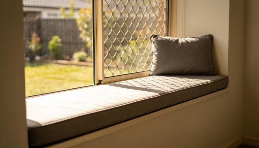 An empty padded window perch on a sunny windowsill with a flyscreen visible behind the glass.
