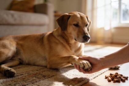 A dog lying calmly on a rug while a hand gently holds one of its paws during a handling practice session.