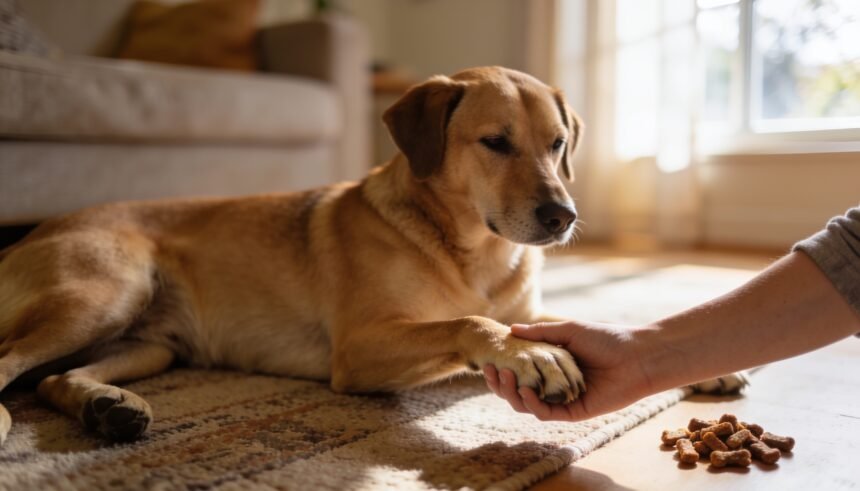 A dog lying calmly on a rug while a hand gently holds one of its paws during a handling practice session.