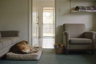 A dog resting beside a sofa with a clear walkway and an activity basket beside the opposite armchair.