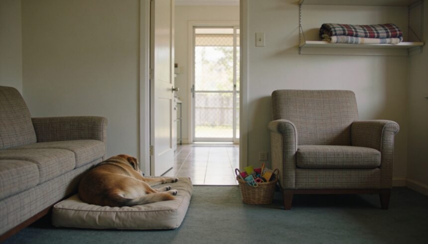 A dog resting beside a sofa with a clear walkway and an activity basket beside the opposite armchair.