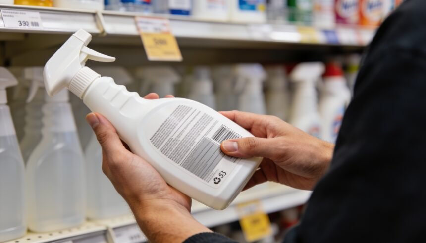 Hands holding a cleaning spray bottle with its rear label facing the shopper in a supermarket aisle.