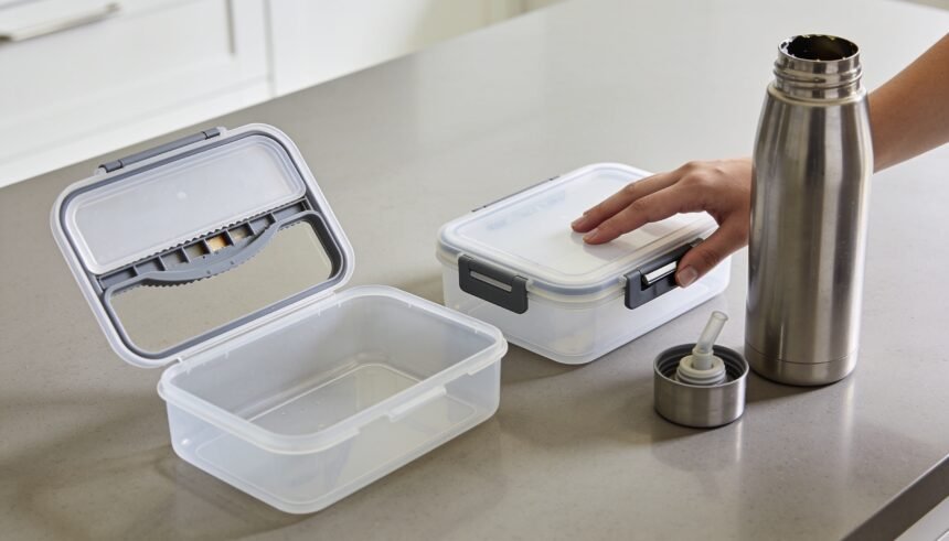Lunchboxes and a drink bottle laid open on a kitchen bench while their seals and clips are checked.