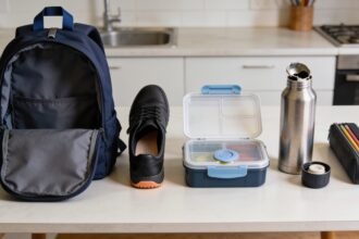 A backpack, shoe, lunchbox, drink bottle and pencil case laid out on a table during a pre-term wear check.