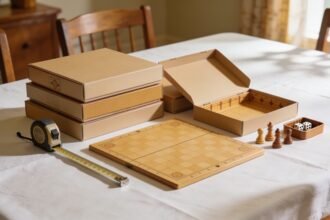 Stacked unbranded board game boxes on a dining table with one open, being compared before buying.
