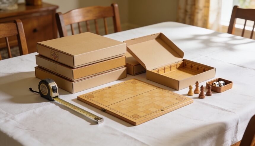 Stacked unbranded board game boxes on a dining table with one open, being compared before buying.
