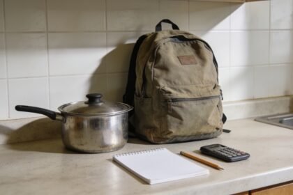 A used saucepan and school backpack beside a blank notepad and a face-down calculator on a kitchen bench.