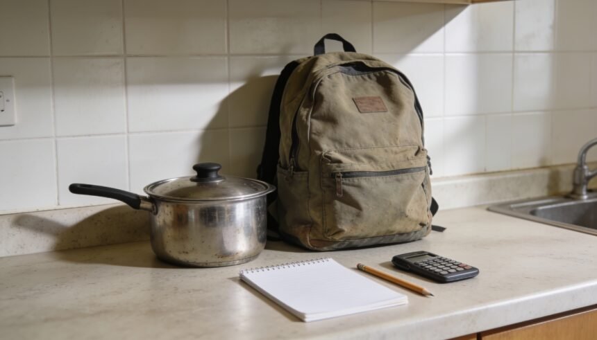 A used saucepan and school backpack beside a blank notepad and a face-down calculator on a kitchen bench.