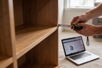 Hands measuring a space with a tape measure beside a laptop showing a product listing.