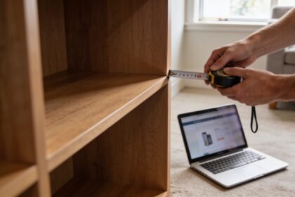 Hands measuring a space with a tape measure beside a laptop showing a product listing.