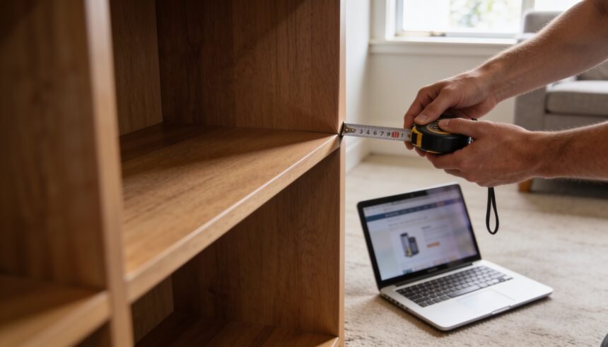 Hands measuring a space with a tape measure beside a laptop showing a product listing.