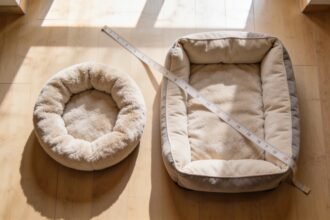 Two unbranded pet beds of different sizes laid side by side on a wooden floor with a tape measure across them.