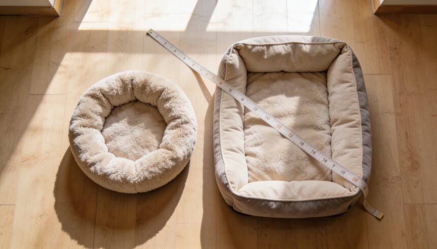Two unbranded pet beds of different sizes laid side by side on a wooden floor with a tape measure across them.
