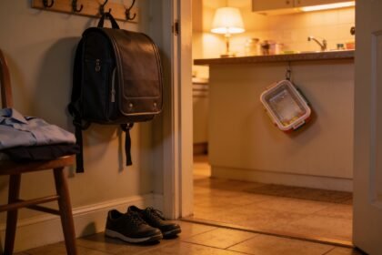 A school bag, shoes, folded uniform and rinsed lunchbox set up the evening before a school day.