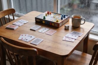 A table set up with playing cards and a board game during a rainy afternoon at home.