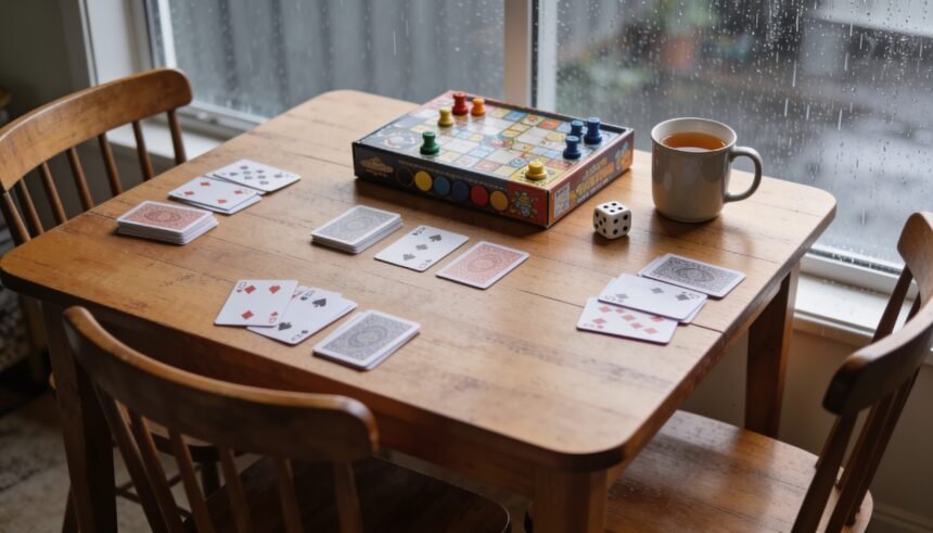 A table set up with playing cards and a board game during a rainy afternoon at home.