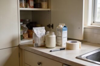 Packaged foods on a kitchen bench beside tape and a pen for recording opening dates.