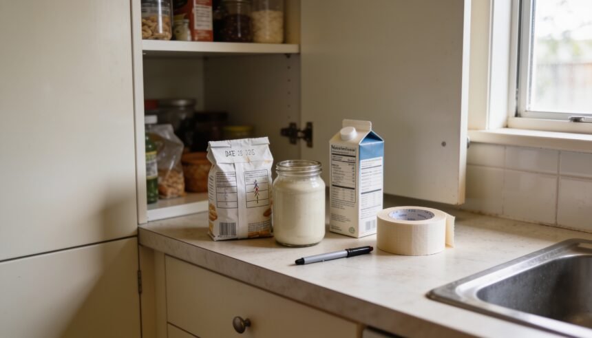 Packaged foods on a kitchen bench beside tape and a pen for recording opening dates.