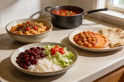 Tomato sauce beside lentil pasta, a bean and rice bowl, and chickpea curry on a kitchen bench.