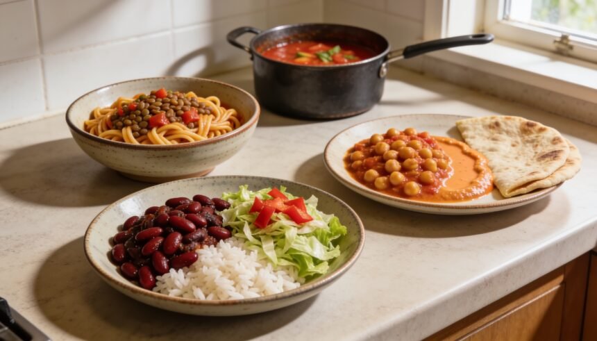 Tomato sauce beside lentil pasta, a bean and rice bowl, and chickpea curry on a kitchen bench.