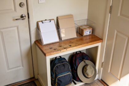 A clipboard, closed paper folder and return parcel on a shelf beside the front door, with school bags in an adjacent nook.
