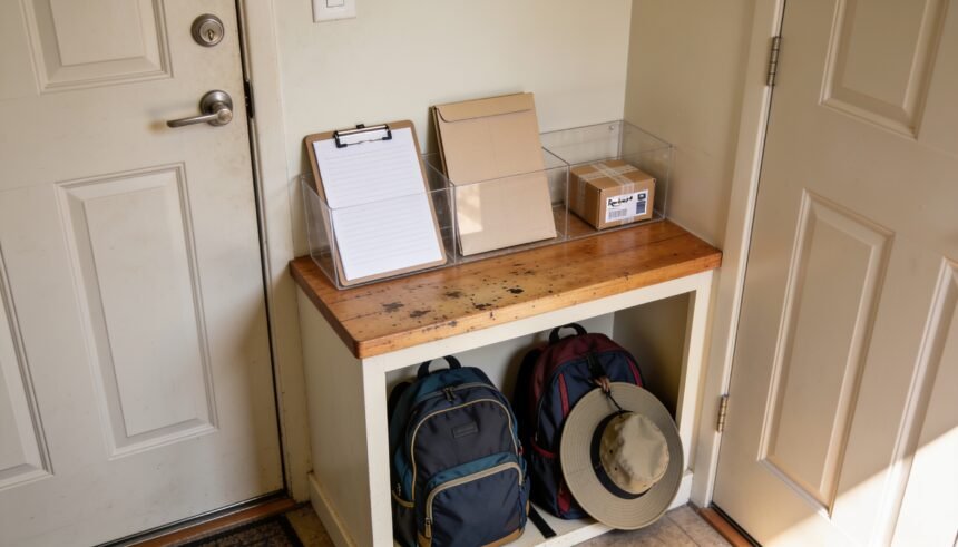 A clipboard, closed paper folder and return parcel on a shelf beside the front door, with school bags in an adjacent nook.