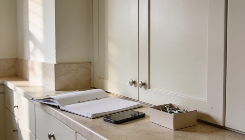 Cupboard doors beside a folder, phone and unattached fittings on a rental kitchen bench.
