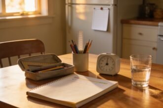 A cleared kitchen table with an exercise book, a container of pencils, a ruler and a small kitchen timer, one chair pulled out, in afternoon light.