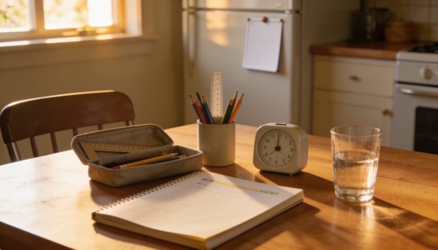 A cleared kitchen table with an exercise book, a container of pencils, a ruler and a small kitchen timer, one chair pulled out, in afternoon light.