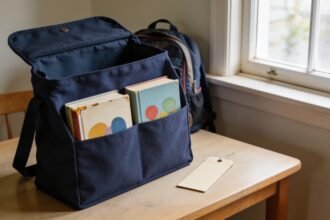 An open fabric library bag holding two closed books with room for new loans.