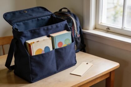 An open fabric library bag holding two closed books with room for new loans.