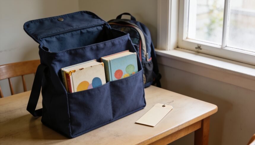 An open fabric library bag holding two closed books with room for new loans.