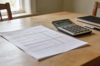 A payroll document, calculator and pen on a home dining table.