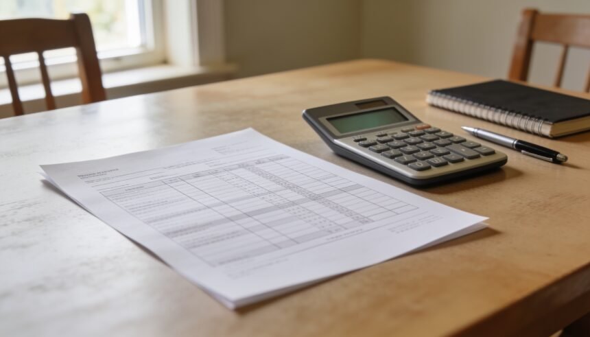A payroll document, calculator and pen on a home dining table.