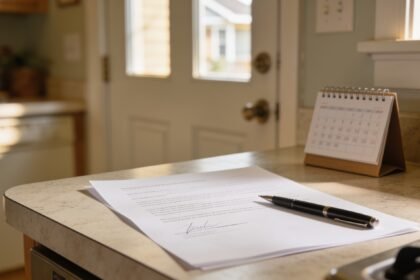 A signed paper contract and pen on a kitchen bench with a small desk calendar beside it.