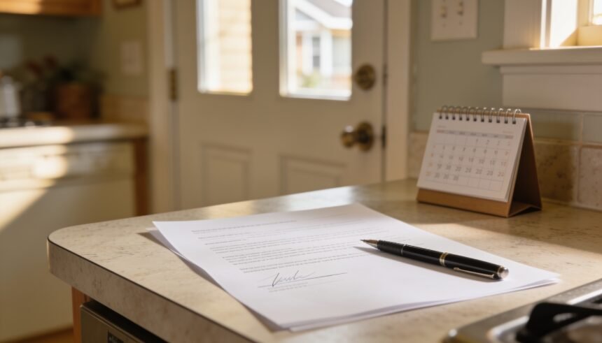 A signed paper contract and pen on a kitchen bench with a small desk calendar beside it.